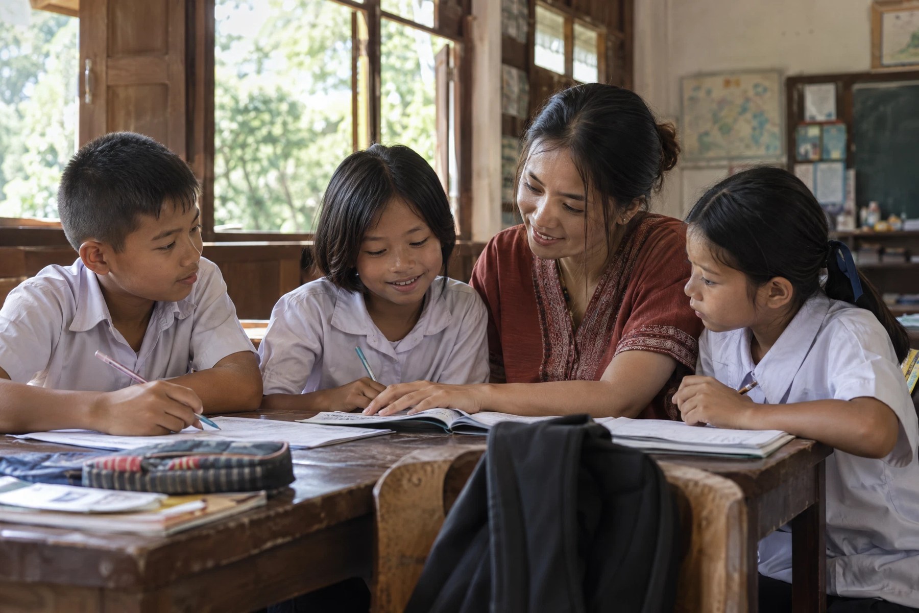 Children reviewing notebooks with an education volunteer; AI illustration.