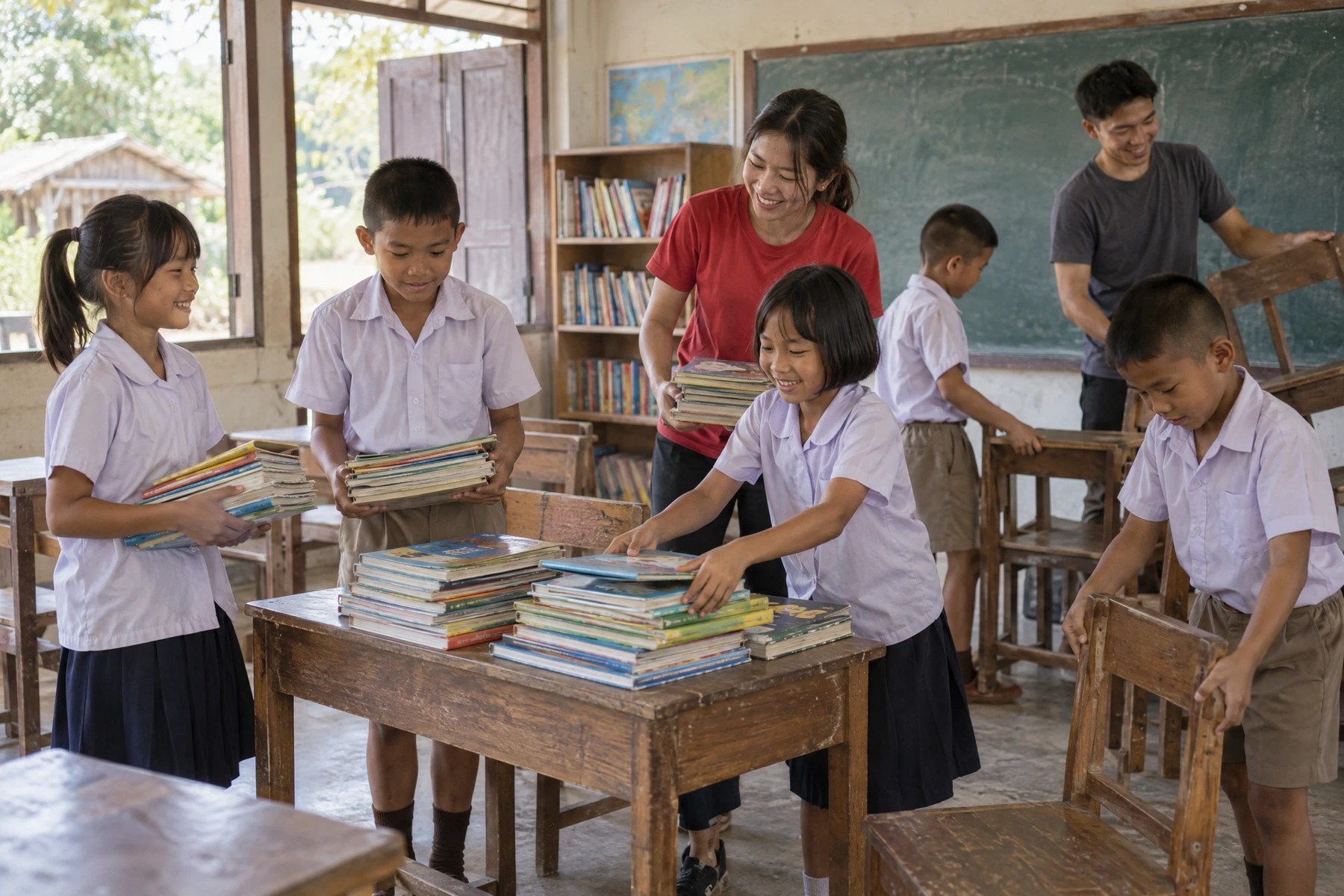 Children and volunteers arranging a classroom reading space; AI illustration.