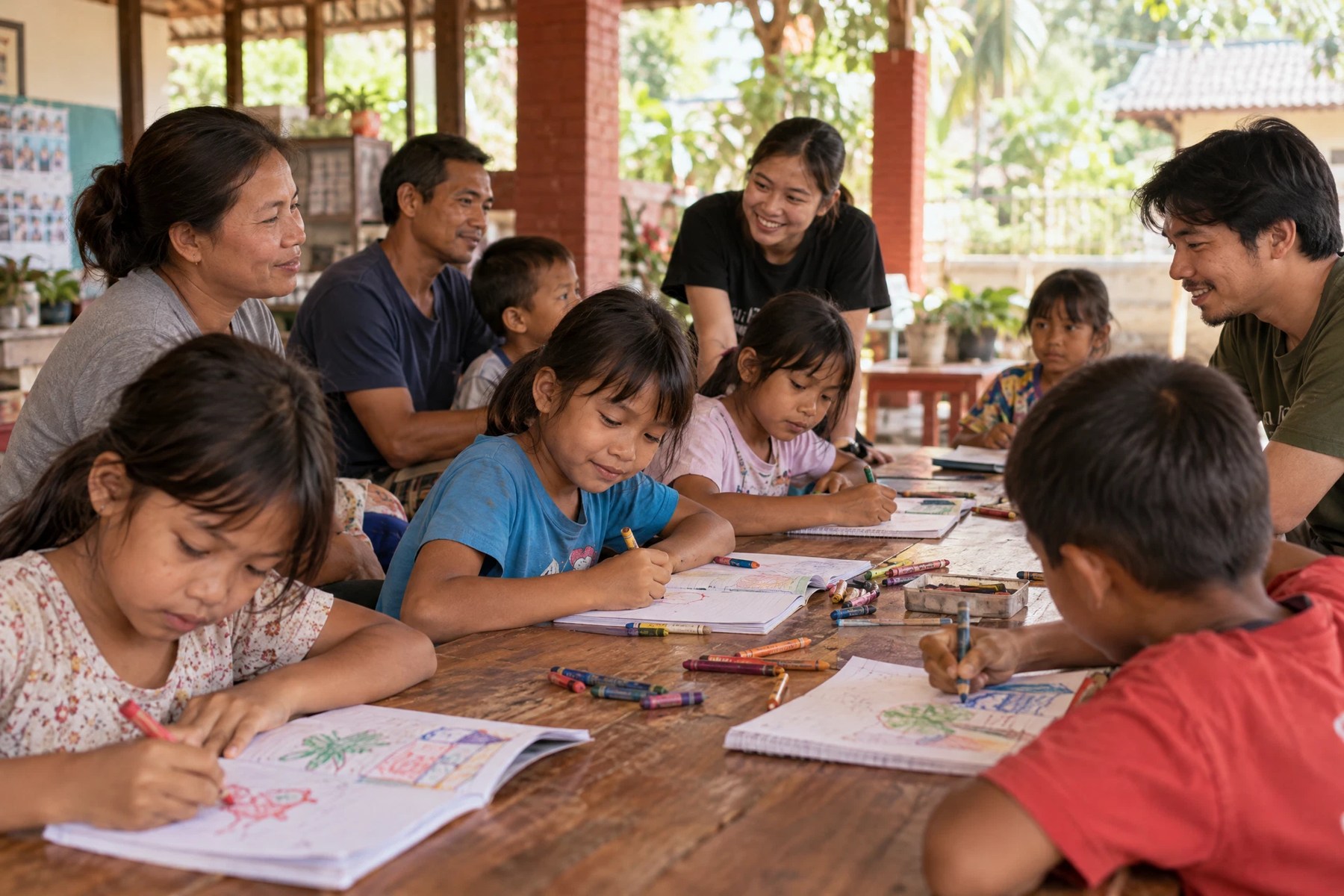 Families, children and volunteers creating together at a community table; AI illustration.