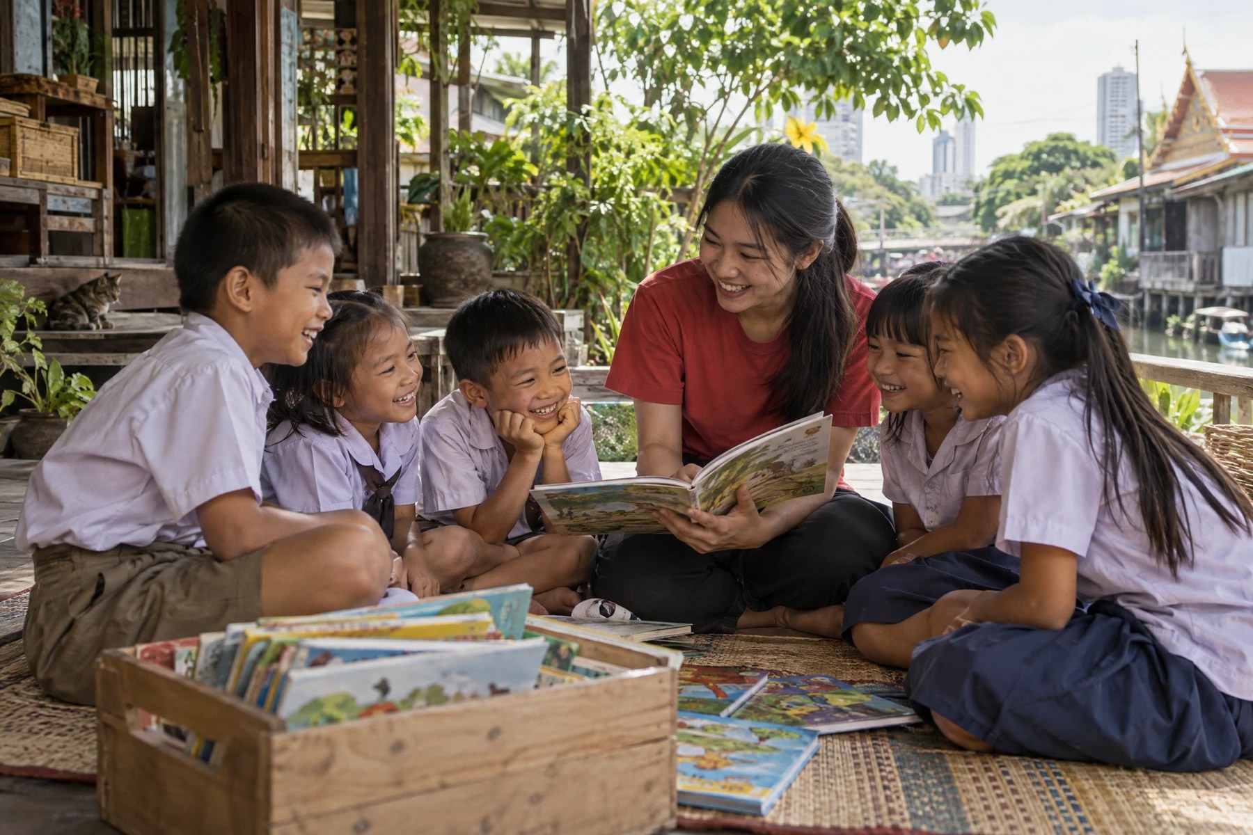 Children sharing books with a volunteer on a shaded veranda; AI illustration.