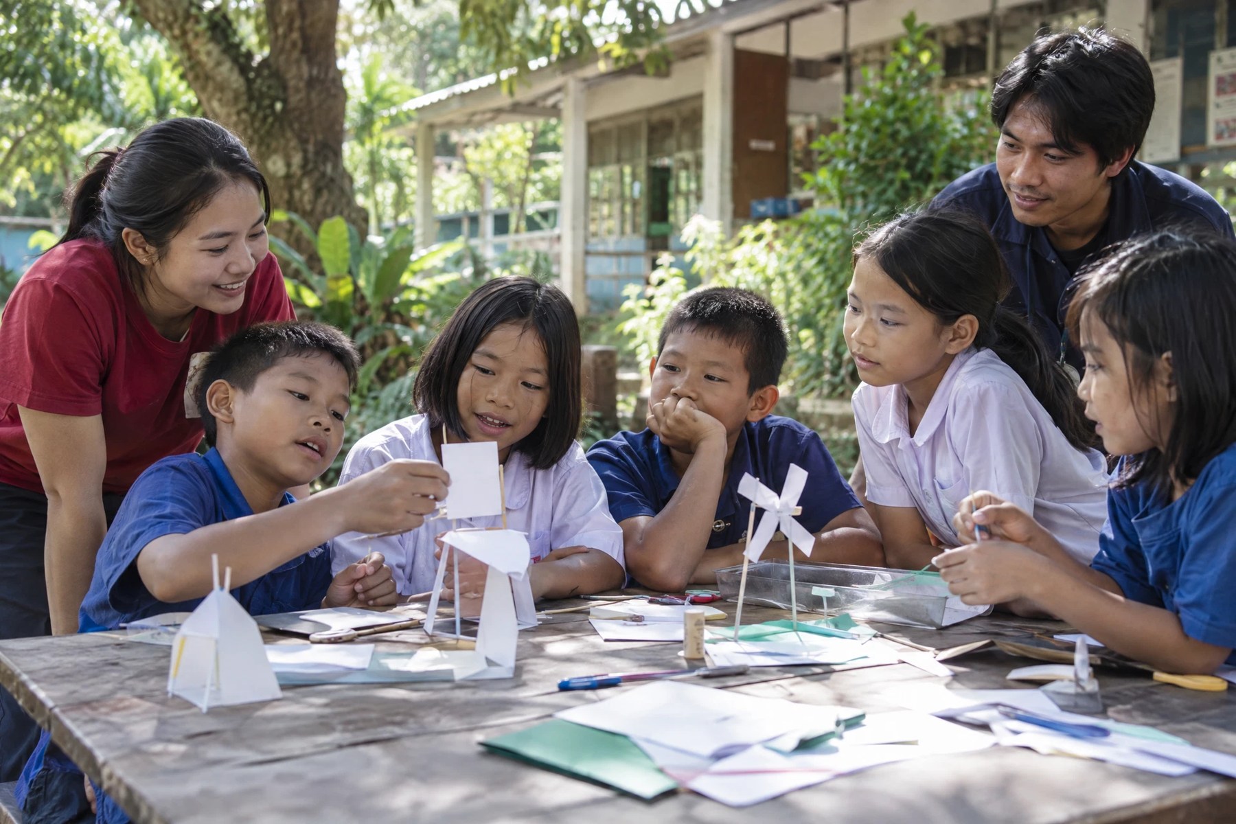 Children and volunteers exploring a science activity; AI illustration.